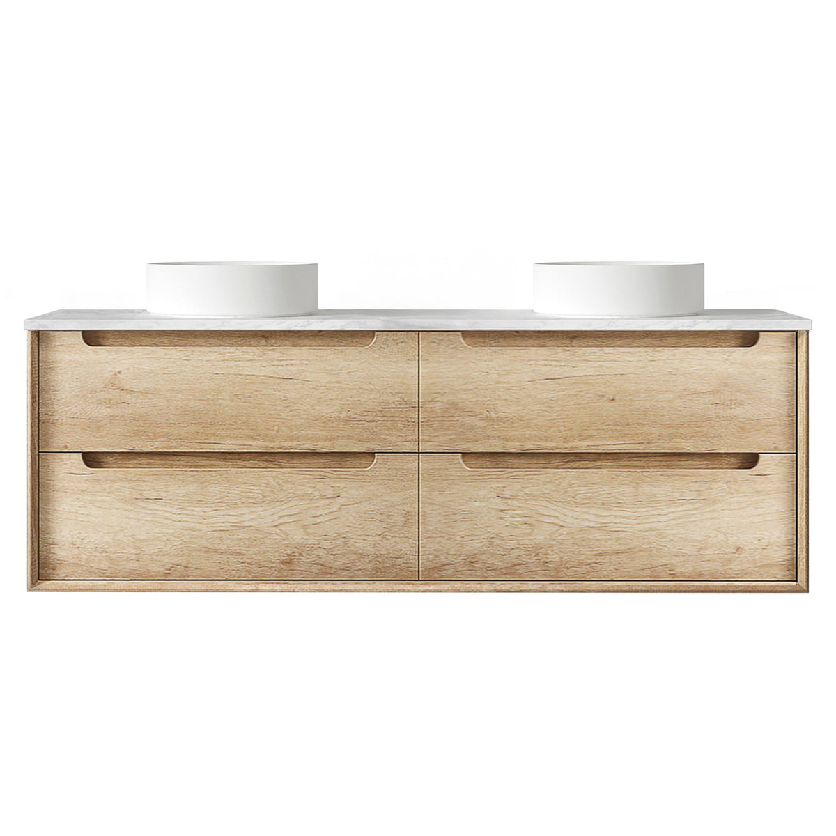 Byron 1500mm Natural Oak Wall Hung Vanity - Ultra Delux Stone Top (Silica Free Cloudy Carrara)