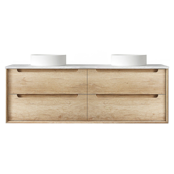 Byron 1500mm Natural Oak Wall Hung Vanity - Ultra Delux Stone Top (Silica Free Cloudy Carrara)