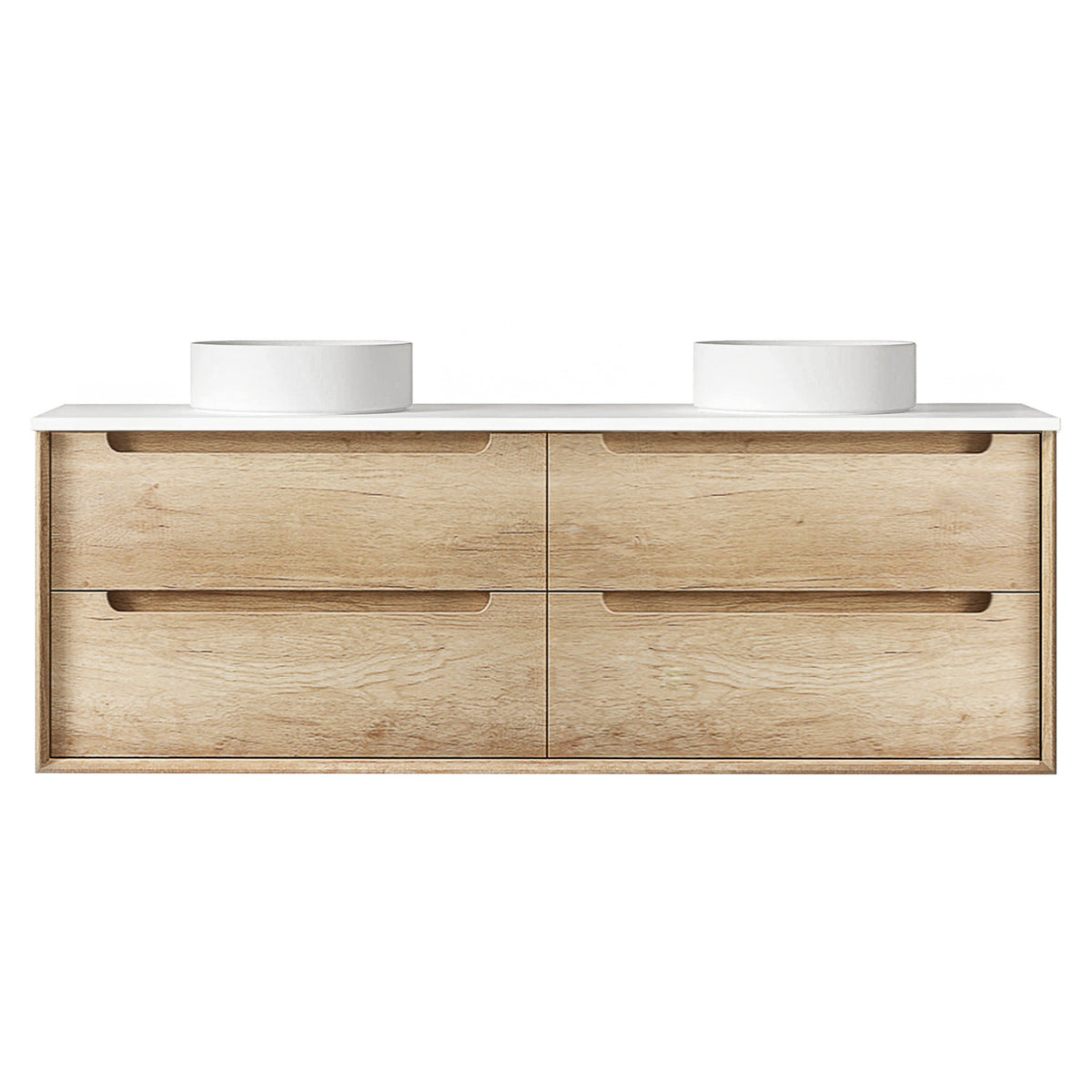 Byron 1500mm Natural Oak Wall Hung Vanity - Ultra Delux Stone Top (Silica Free Pure White)
