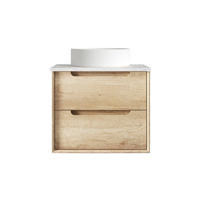 Byron 600mm Natural Oak Wall Hung Vanity - Ultra Delux Stone Top (Silica Free Cloudy Carrara)