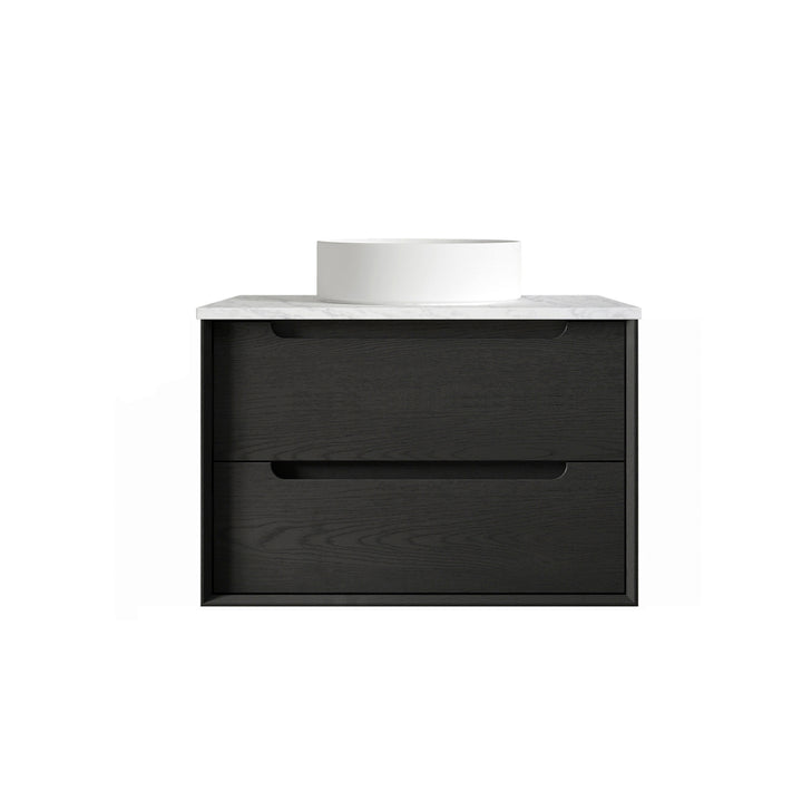 Byron 750mm Black Oak Wall Hung Vanity - Ultra Delux Stone Top (Silica Free Cloudy Carrara)
