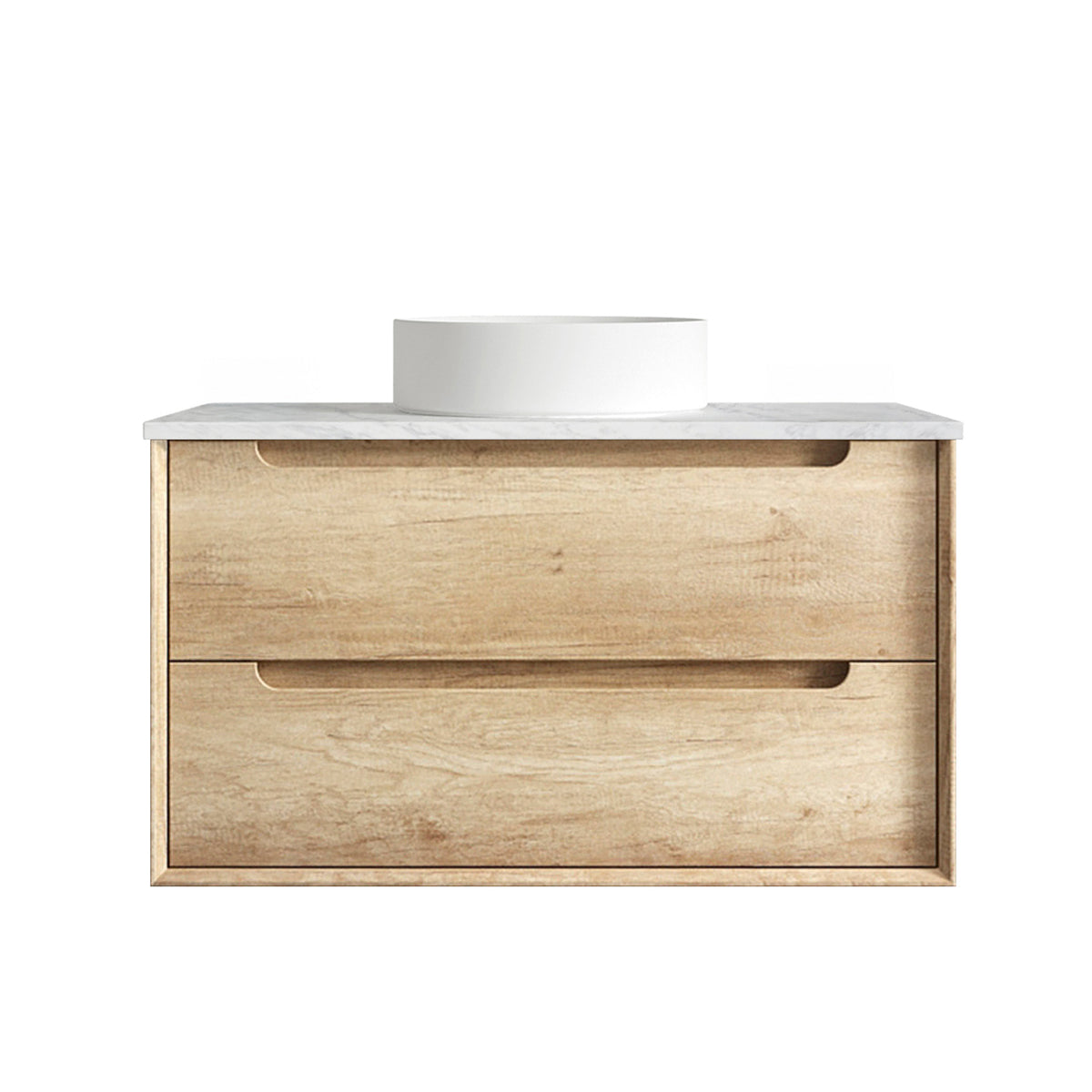 Byron 900mm Natural Oak Wall Hung Vanity - Ultra Delux Stone Top (Silica Free Cloudy Carrara)