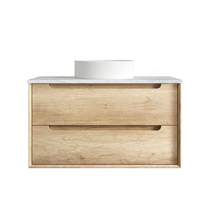 Byron 900mm Natural Oak Wall Hung Vanity - Ultra Delux Stone Top (Silica Free Cloudy Carrara)