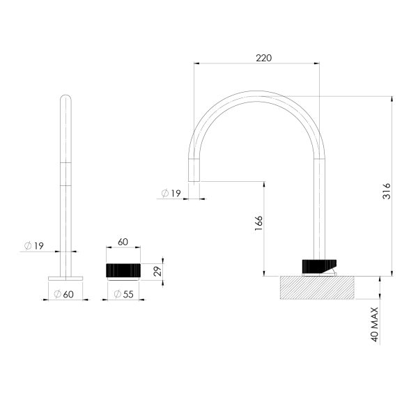 Specification diagram - Axia Hob Sink Mixer Set 220mm Gooseneck