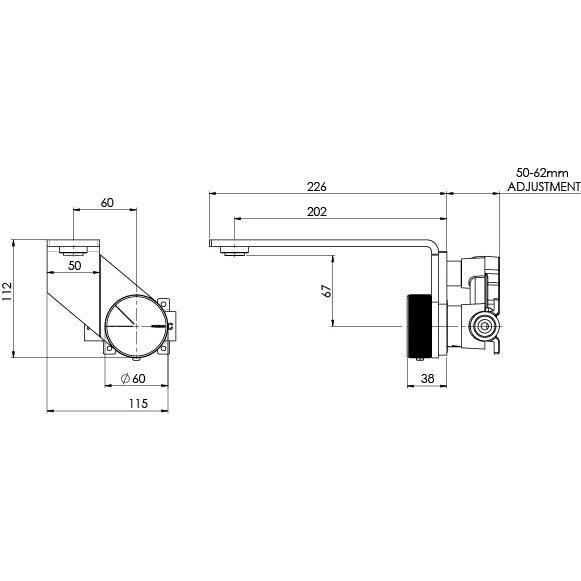 Specification diagram - Axia Wall Basin/Bath Mixer Set 200mm