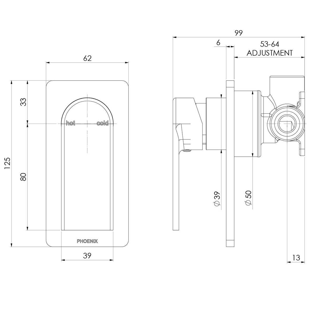 Specification diagram - Teel SwitchMix Shower / Wall Mixer (Fit-Off Kit Only) - Lead Free