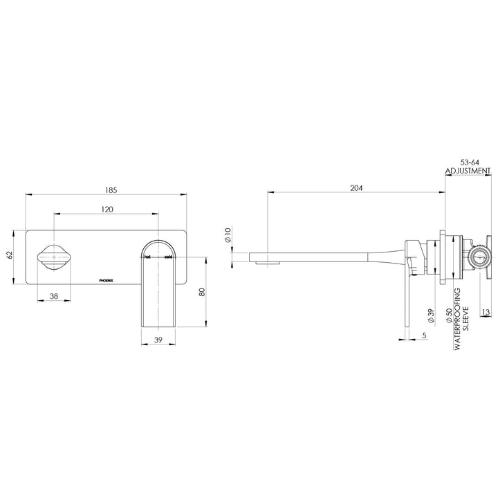 Specification diagram - Teel SwitchMix Wall Basin / Bath Mixer Set 200mm (Fit-Off Kit Only) - Lead Free