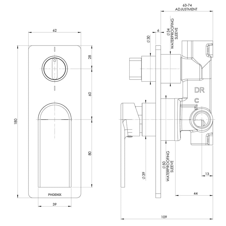 Specification diagram - Teel SwitchMix Shower / Bath Diverter Mixer (Fit-Off Kit Only)