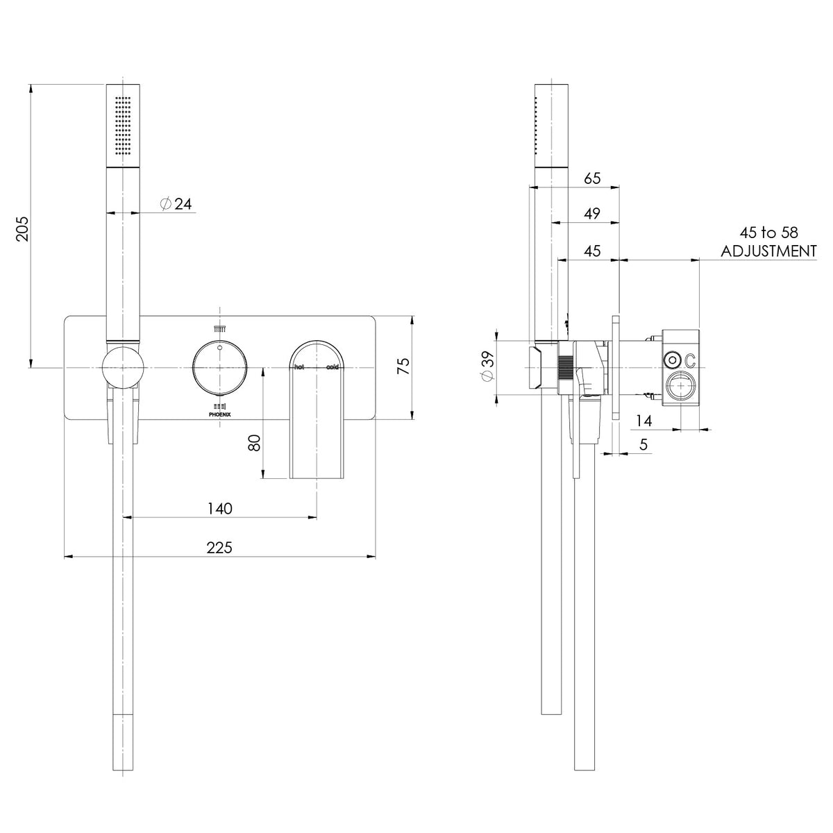 Specification diagram - Teel Wall Shower System