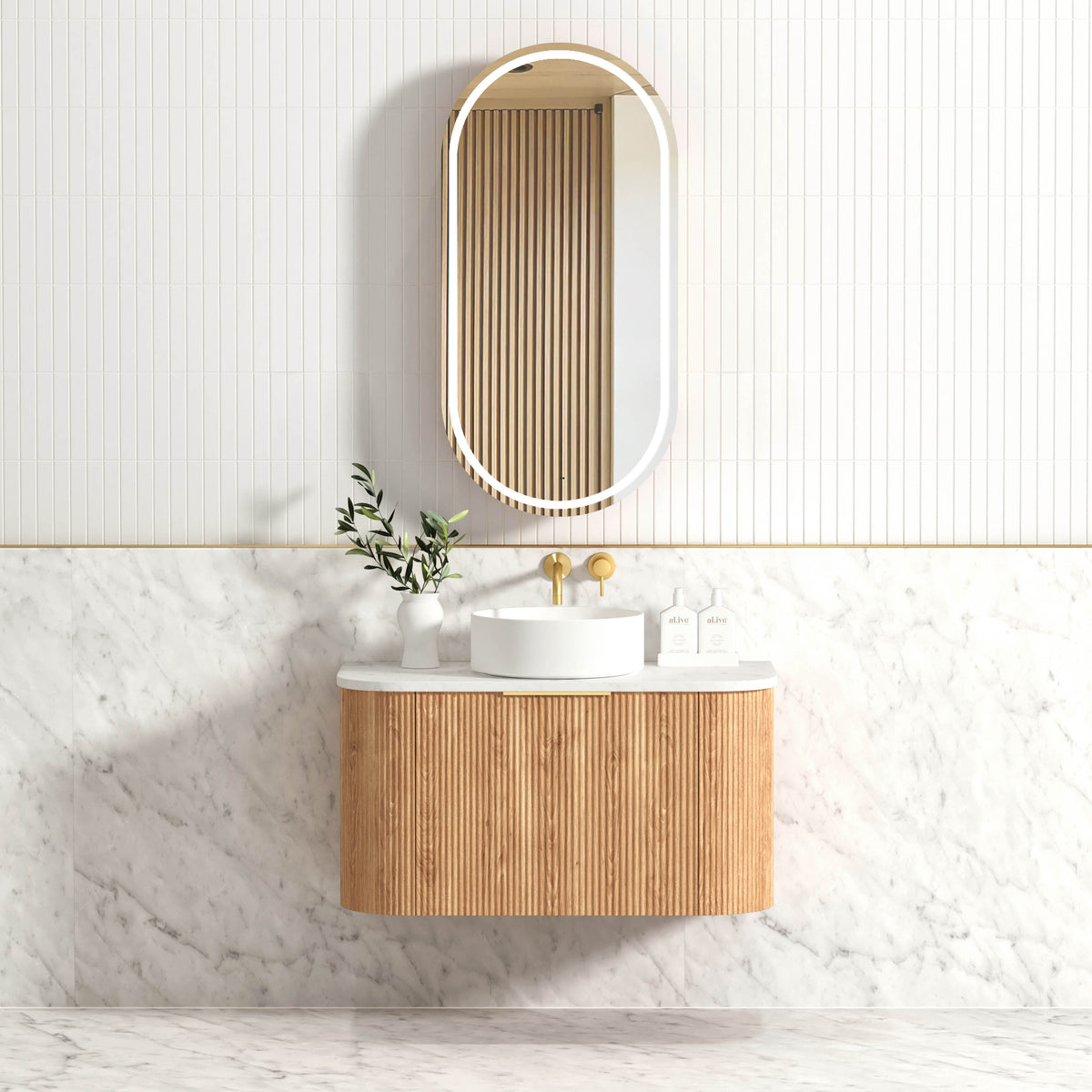Bondi 900mm Woodland Oak Fluted Curve Vanity - Ultra Delux Stone Top (Silica Free Cloudy Carrara)