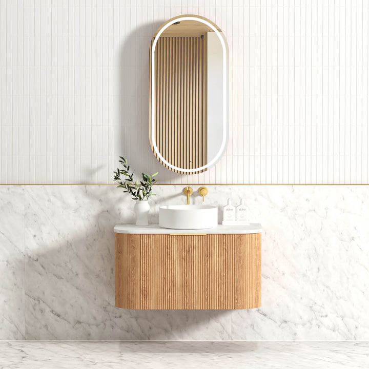 Bondi 900mm Woodland Oak Fluted Curve Vanity - Ultra Delux Stone Top (Silica Free Cloudy Carrara)