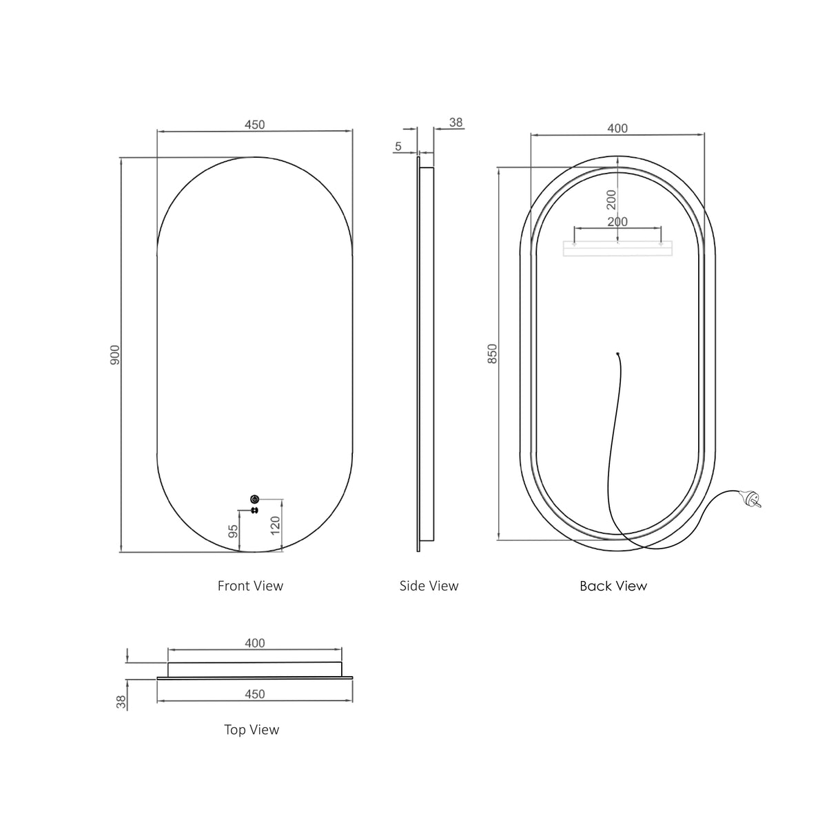 LED Noosa 900(H)x450(W) Frameless Tuffi Mirror
