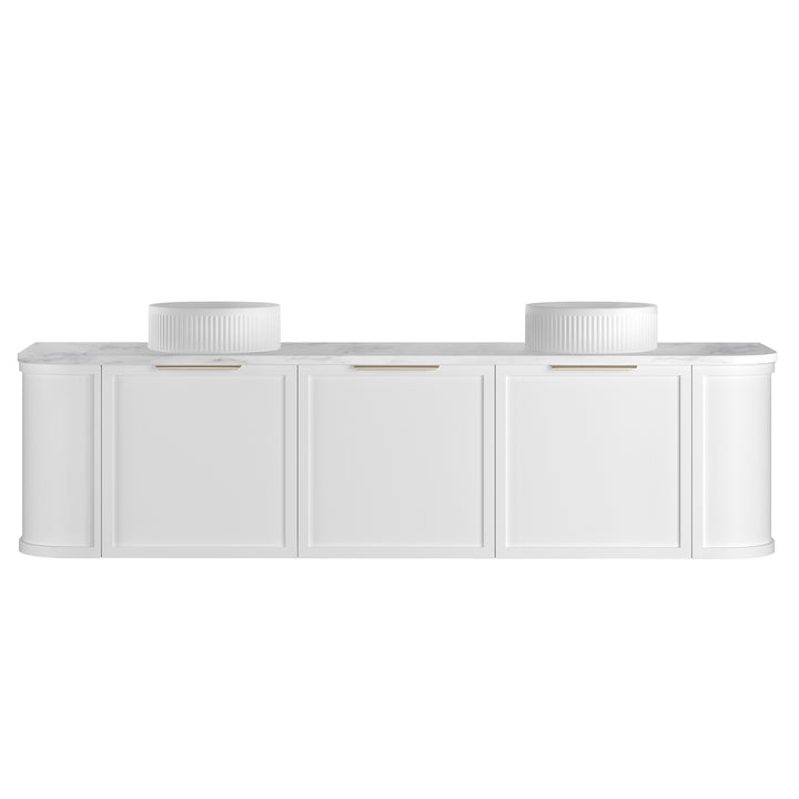 Hampshire 1800mm Satin White Wall Hung Curve Vanity - Ultra Delux Stone Top (Silica Free Cloudy Carrara)