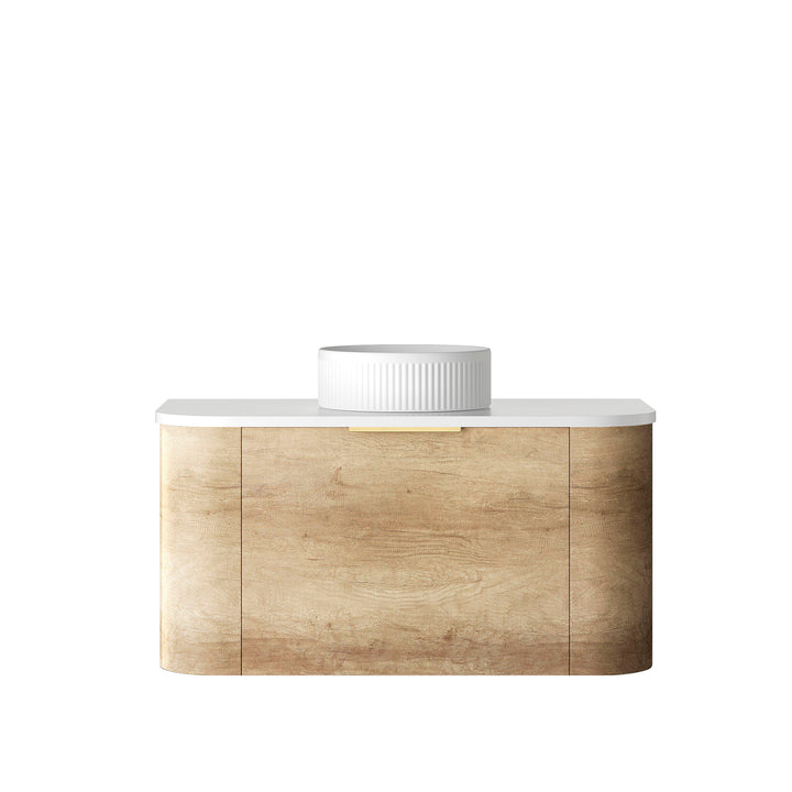Bondi 900mm Natural Oak Wall Hung Curve Vanity - Ultra Delux Stone Top (Silica Free Matte White)