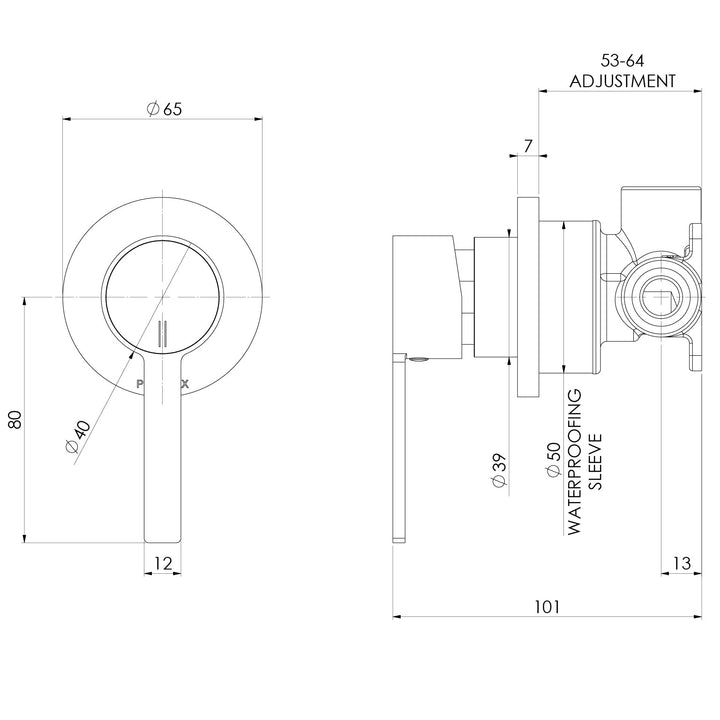 Specification diagram - Lexi MKII SwitchMix Shower / Wall Mixer Fit-Off Kit - Lead Free
