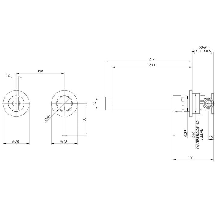 Specification diagram - Lexi MKII SwitchMix Wall Basin Mixer Set 200mm (Fit-Off Kit Only)