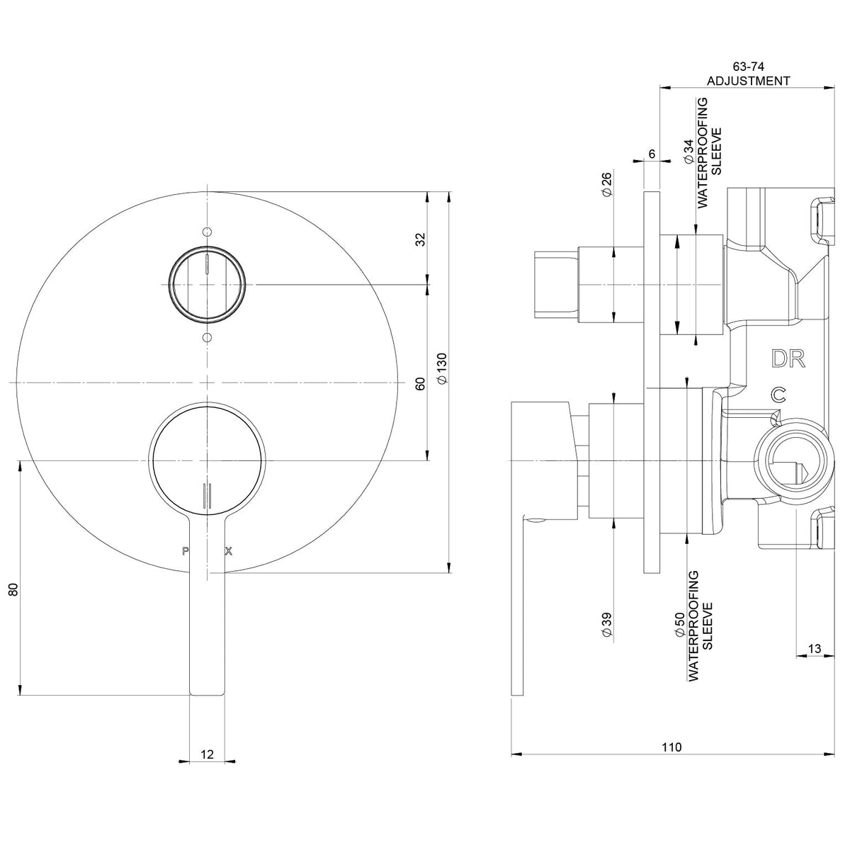 Specification diagram - Lexi MKII SwitchMix Shower / Bath Diverter Mixer (Fit-Off Kit Only)