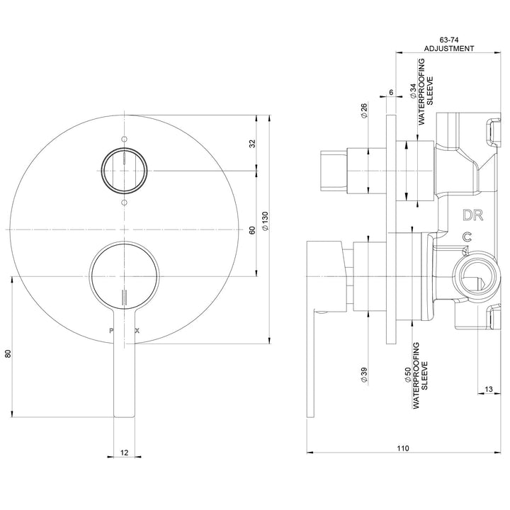 Specification diagram - Lexi MKII SwitchMix Shower / Bath Diverter Mixer (Fit-Off Kit Only)