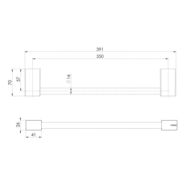 Specification diagram - Lexi MKII Hand Towel Rail 350mm