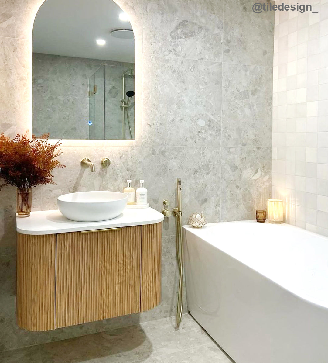 Bondi 750mm Woodland Oak Fluted Curve Vanity (12TH &amp; NTH Only) - Ultra Delux Stone Top (Silica Free Matte White)