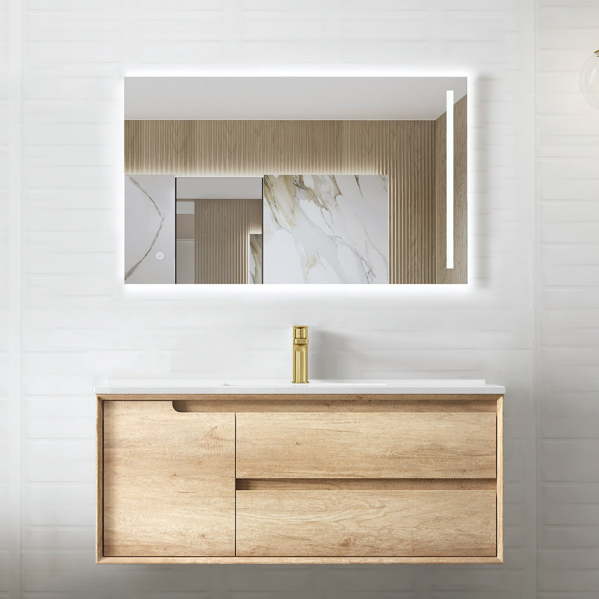 Byron 1200mm Natural Oak Wall Hung Vanity - Slimline Ceramic Top (Gloss white)