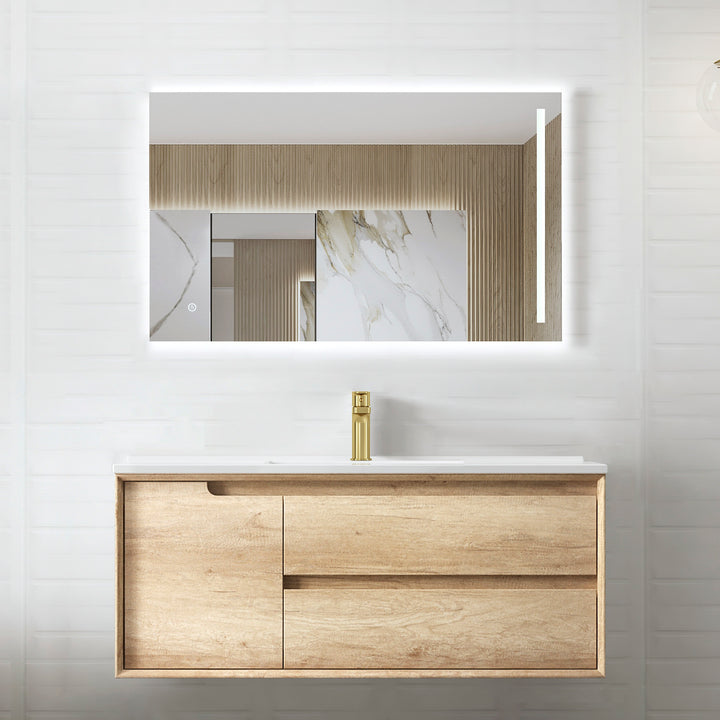 Byron 1200mm Natural Oak Wall Hung Vanity - Slimline Ceramic Top (Gloss white)