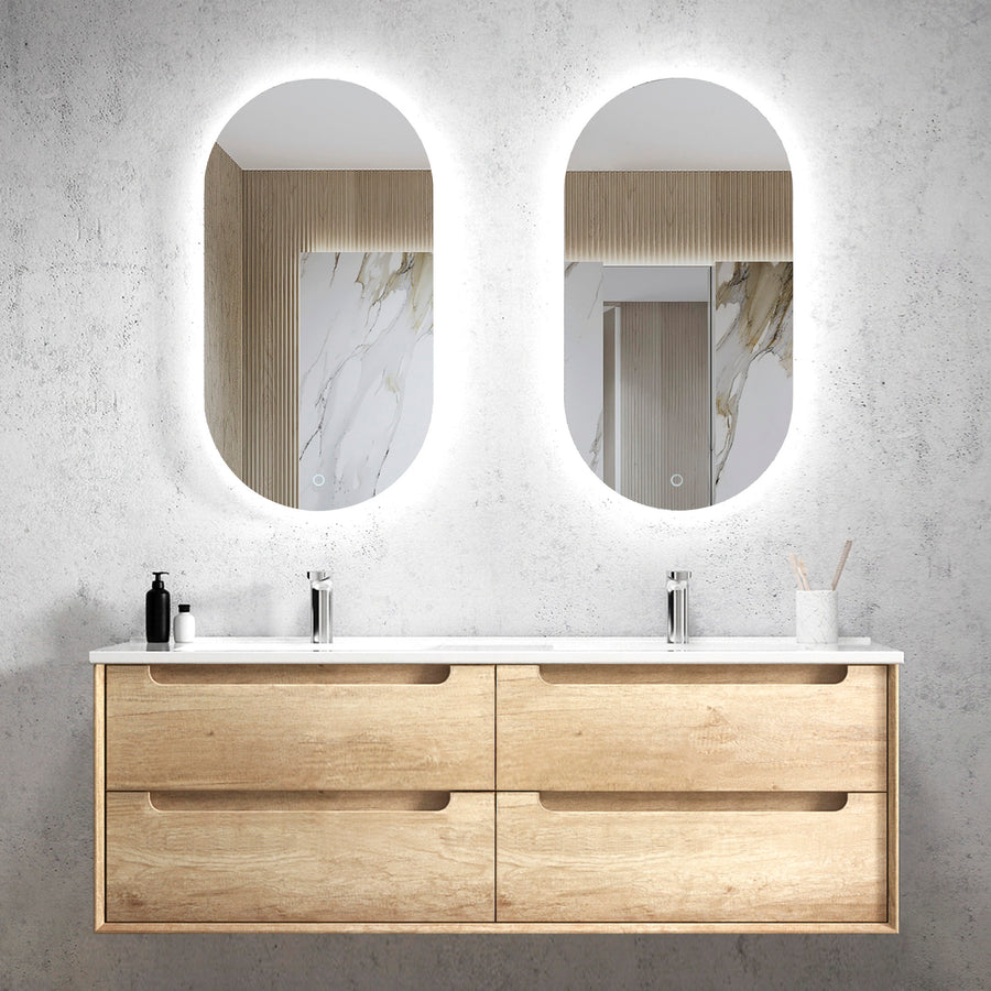 Byron 1500mm Natural Oak Wall Hung Vanity - Slimline Ceramic Top (Gloss white)