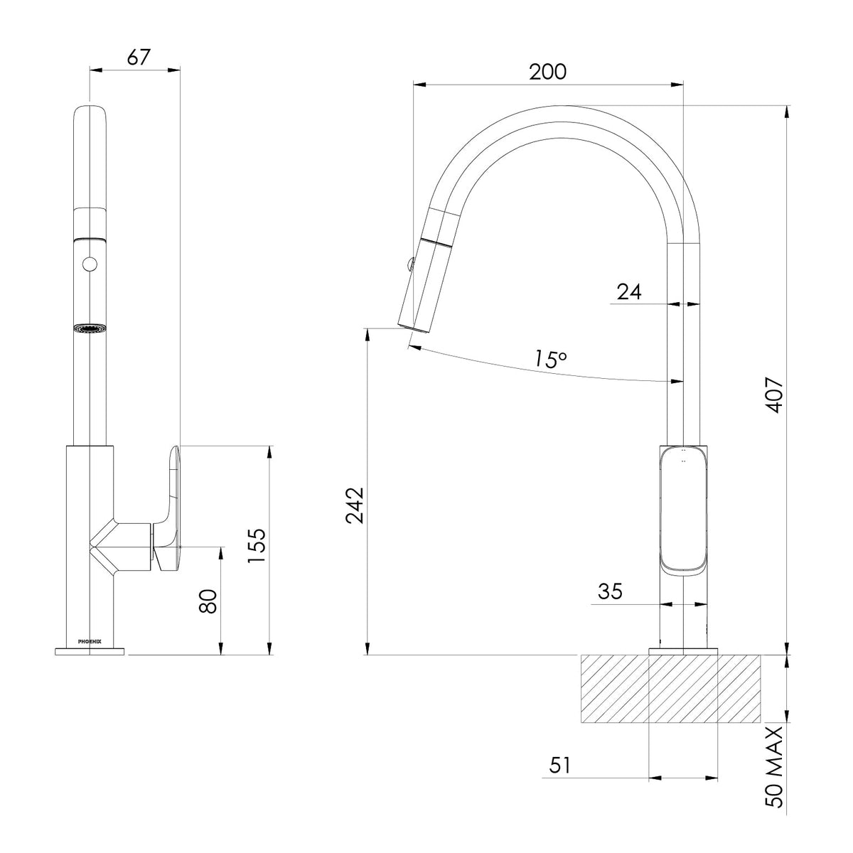 Specification diagram - Nuage Pull Out Sink Mixer 200mm - Lead Free