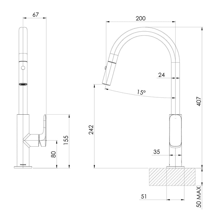 Specification diagram - Nuage Pull Out Sink Mixer 200mm - Lead Free