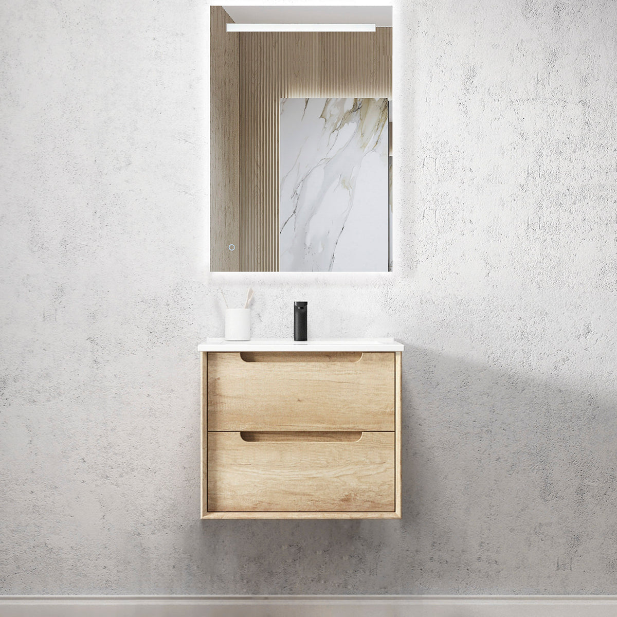 Byron 600mm Natural Oak Wall Hung Vanity - Slimline Ceramic Top (Gloss white)
