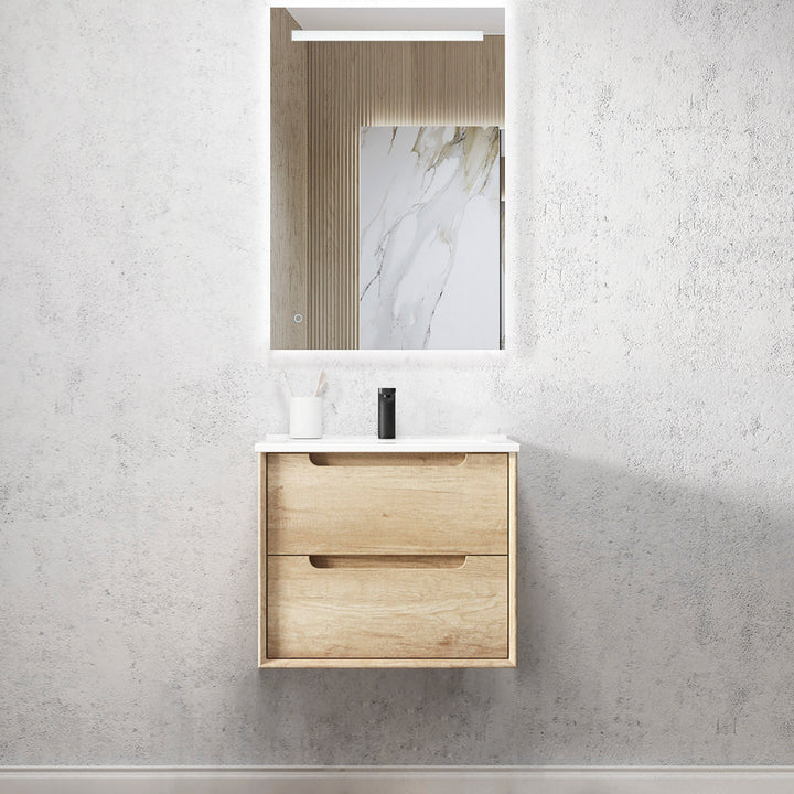 Byron 600mm Natural Oak Wall Hung Vanity - Slimline Ceramic Top (Gloss white)