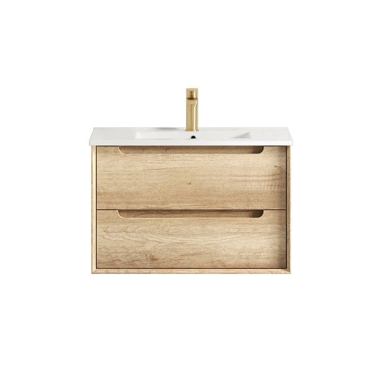 Byron 750mm Natural Oak Wall Hung Vanity - Slimline Ceramic Top (Gloss white)