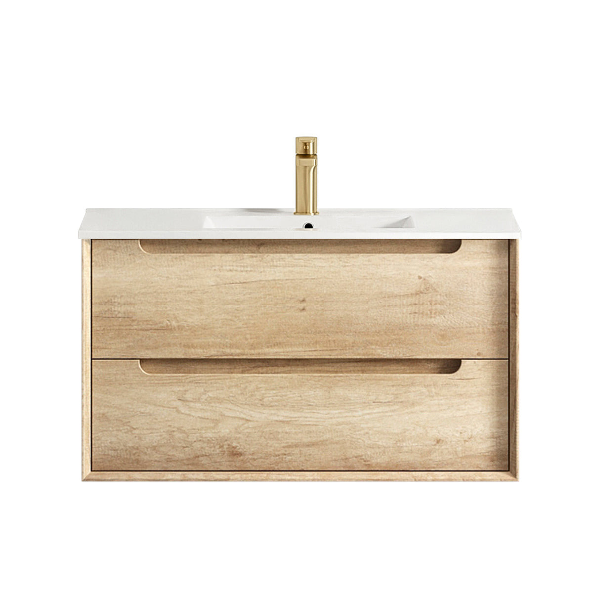 Byron 900mm Natural Oak Wall Hung Vanity - Slimline Ceramic Top (Gloss white)