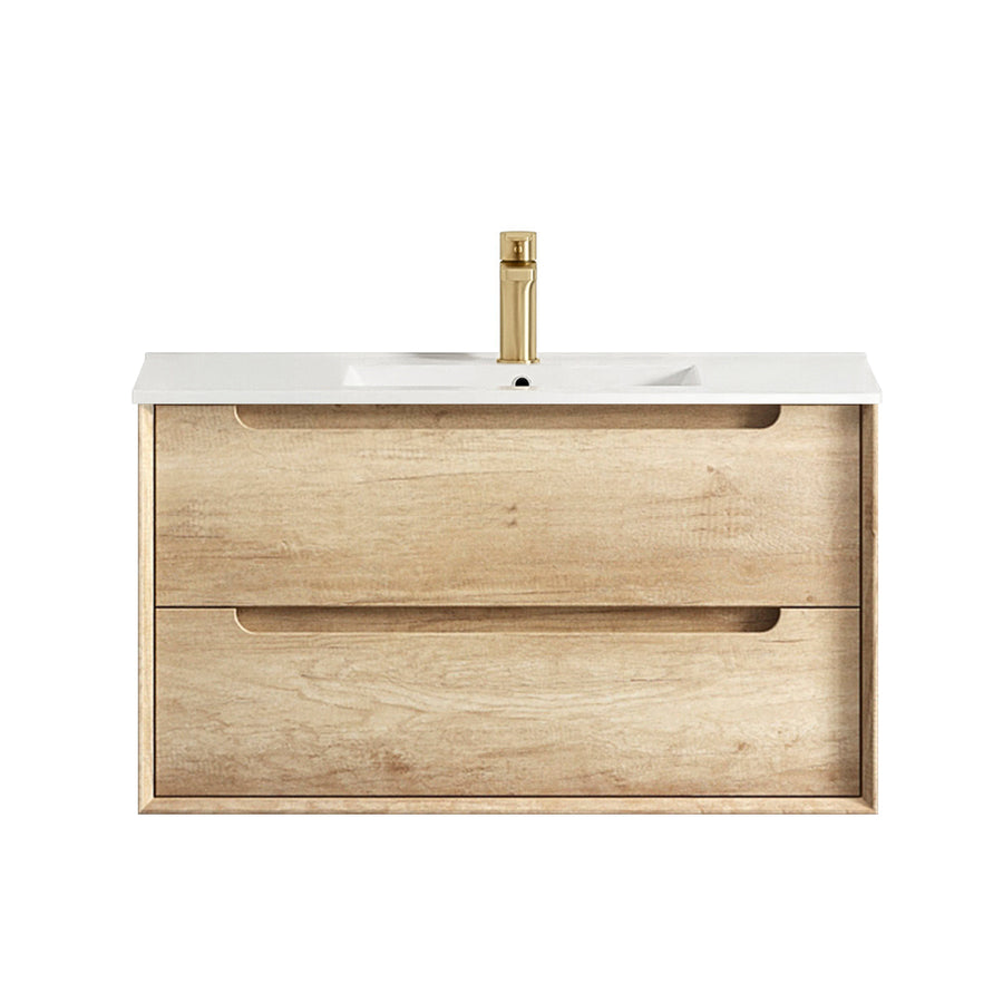 Byron 900mm Natural Oak Wall Hung Vanity - Slimline Ceramic Top (Gloss white)