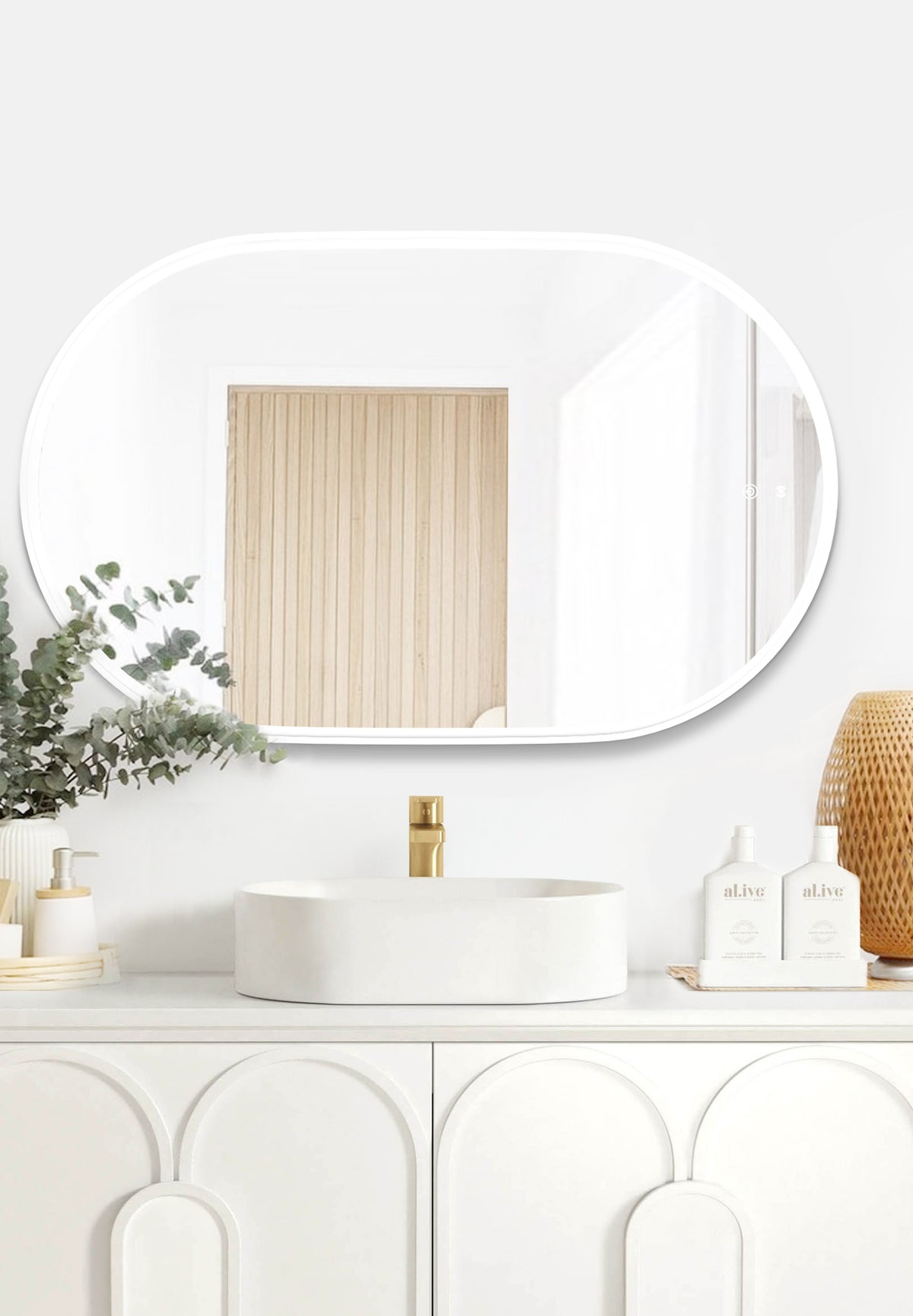 LED Noosa 900(H)x600(W) White Metal Frame Tuffi Mirror- Install Horizontal or Vertical