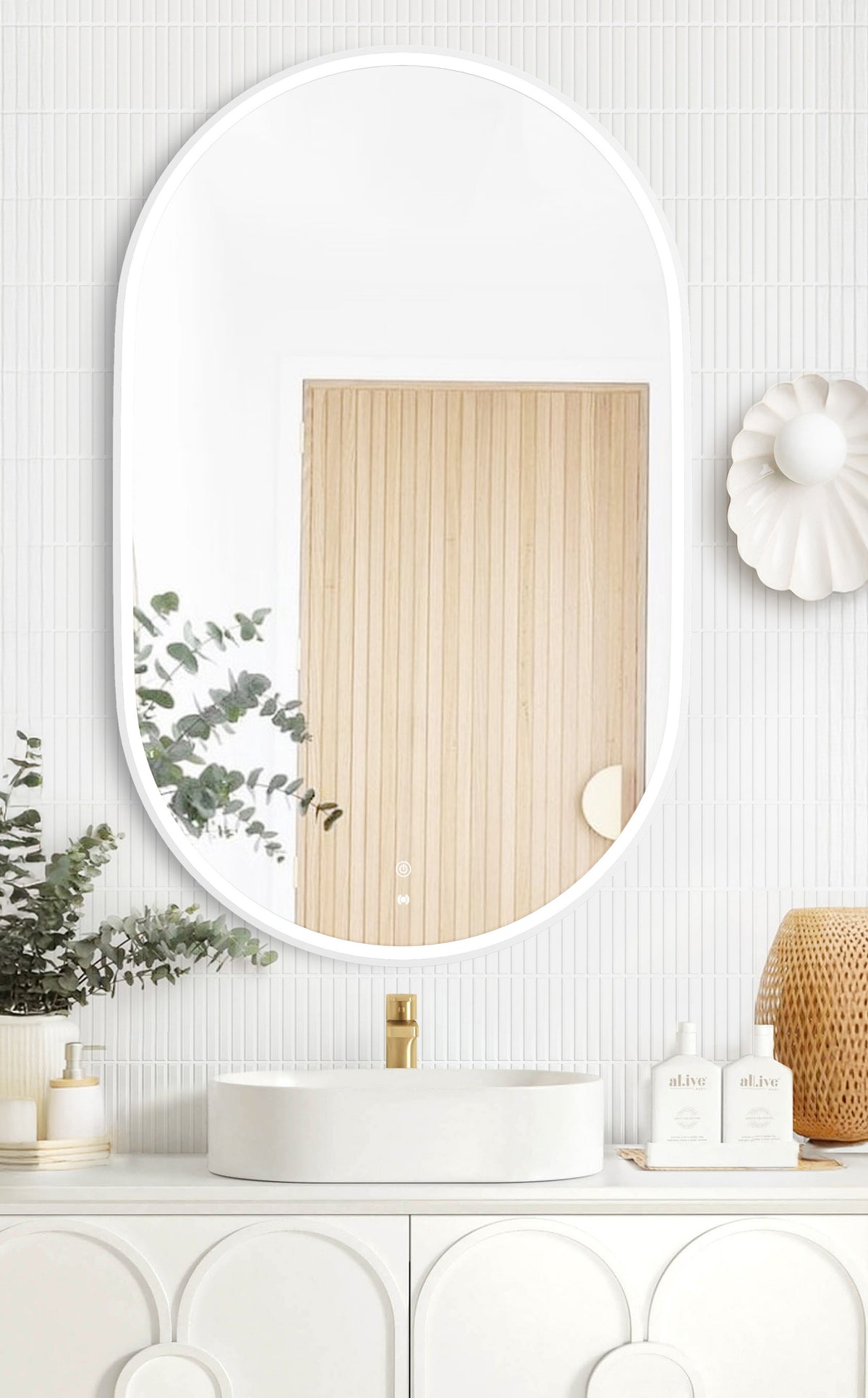 LED Noosa 900(H)x600(W) White Metal Frame Tuffi Mirror- Install Horizontal or Vertical