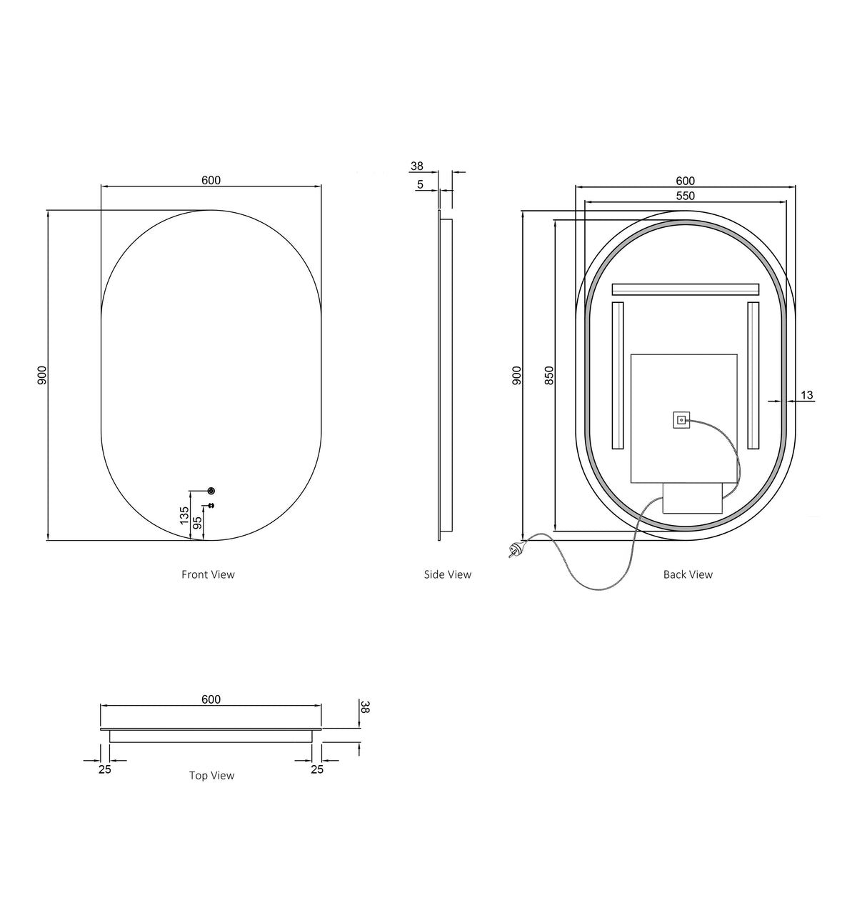 LED Noosa 900(H)x600(W) Frameless Tuffi Mirror - Install Horizontal or Vertical