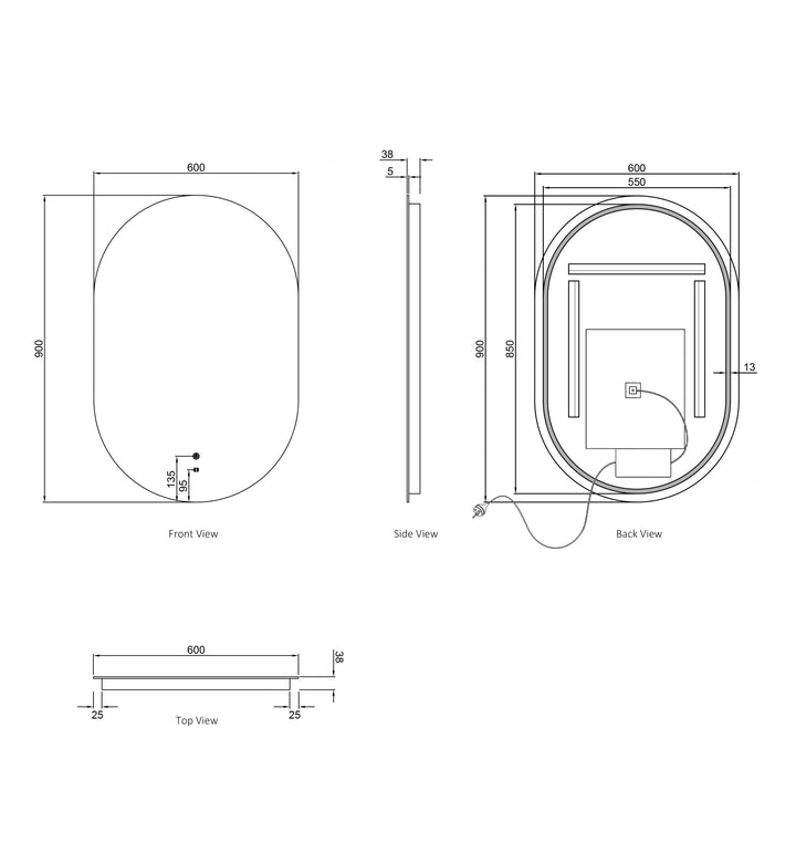 LED Noosa 900(H)x600(W) Frameless Tuffi Mirror - Install Horizontal or Vertical