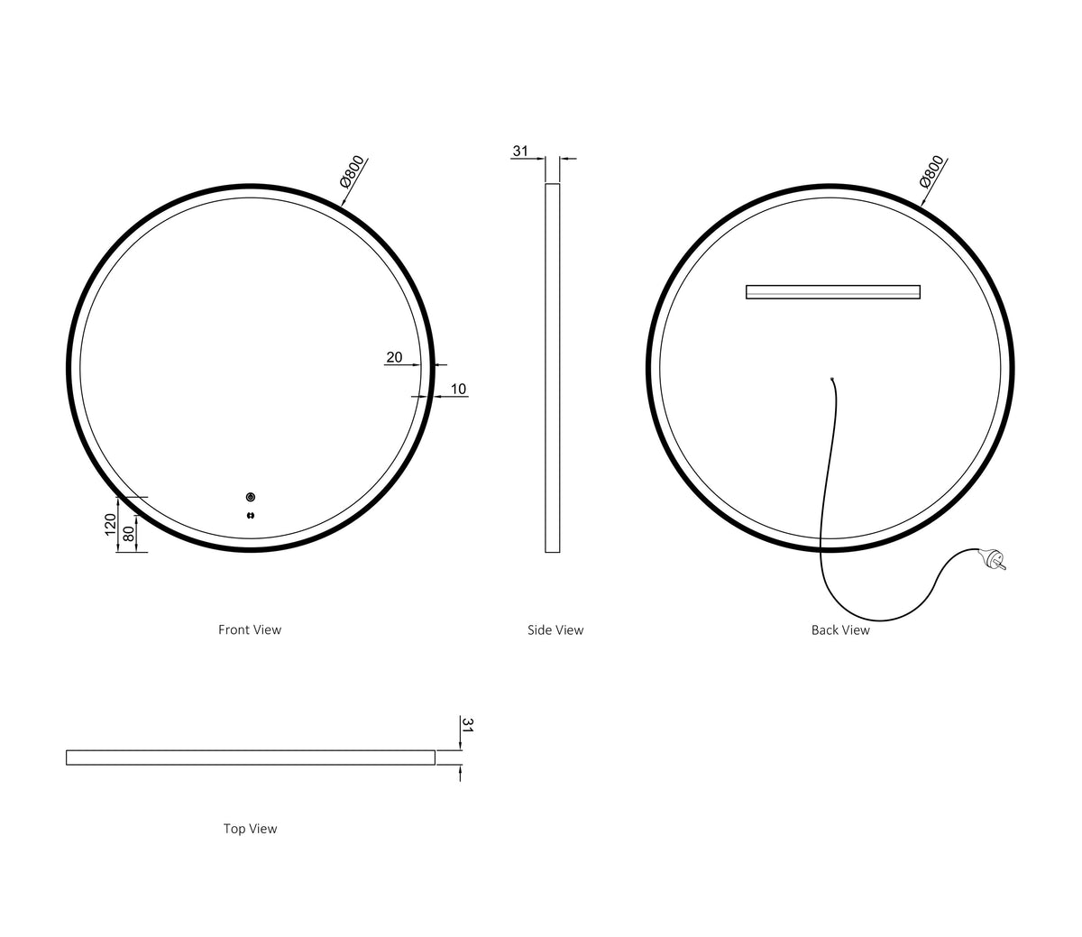 LED Bondi 800mm White Metal Frame Tuffi Mirror