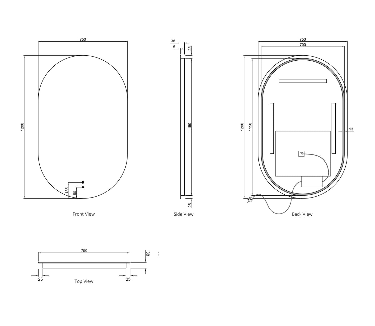 LED Noosa 1200(W)x750(H) Frameless Tuffi Mirror - Install Horizontal or Vertical