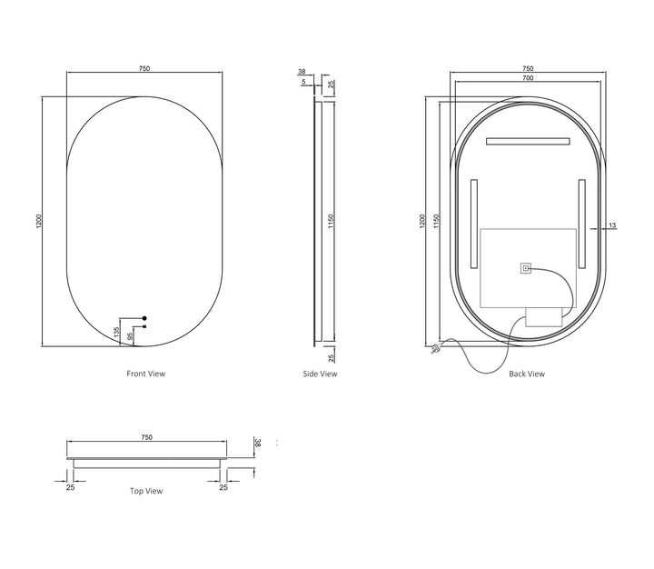 LED Noosa 1200(W)x750(H) Frameless Tuffi Mirror - Install Horizontal or Vertical