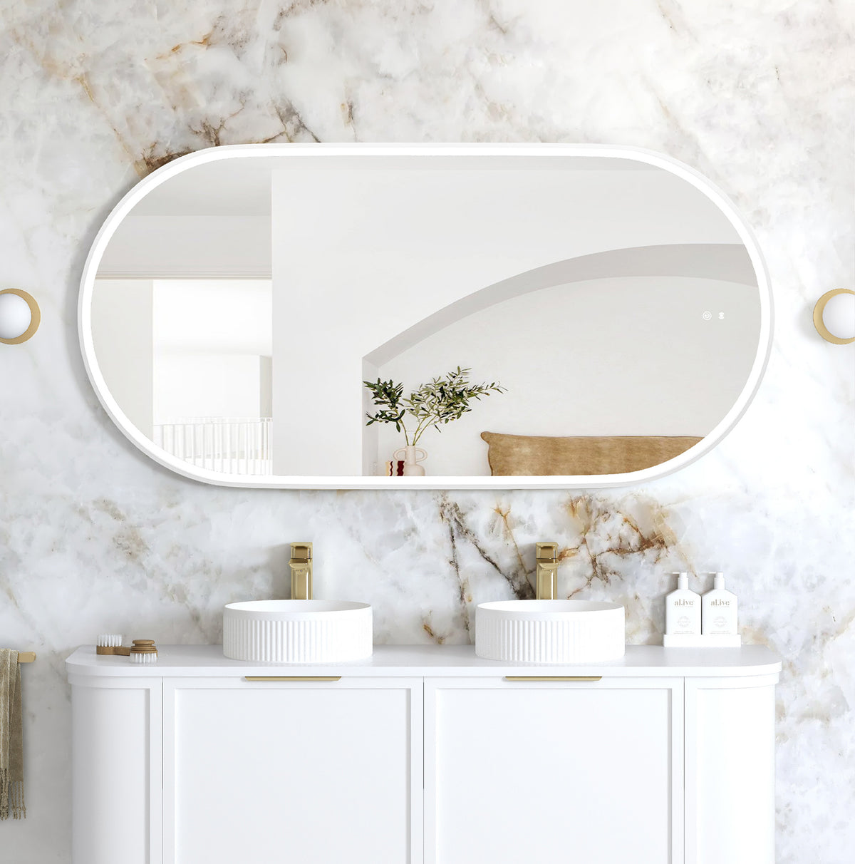 LED Noosa 1500(W)x750(H) White Metal Frame Tuffi Mirror- Install Horizontal or Vertical