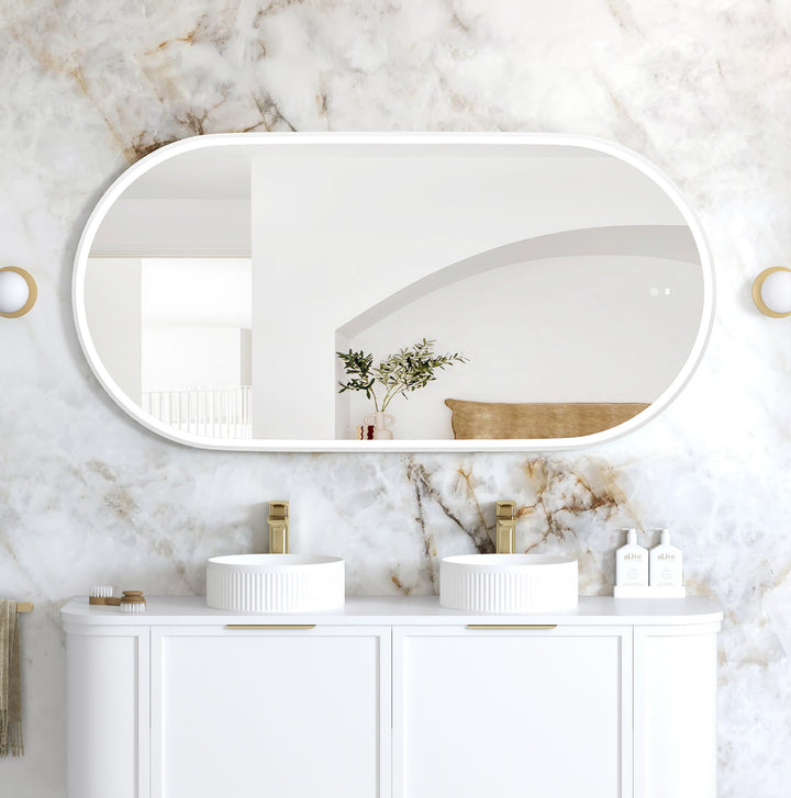 LED Noosa 1500(W)x750(H) White Metal Frame Tuffi Mirror- Install Horizontal or Vertical