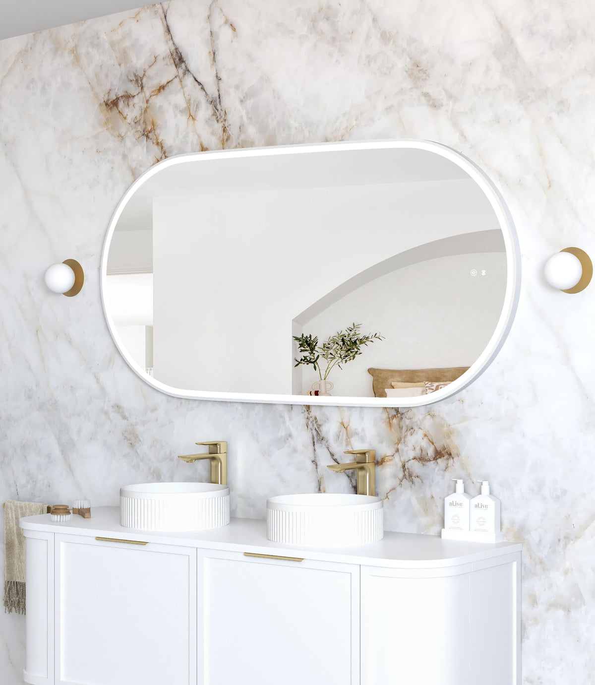 LED Noosa 1500(W)x750(H) White Metal Frame Tuffi Mirror- Install Horizontal or Vertical