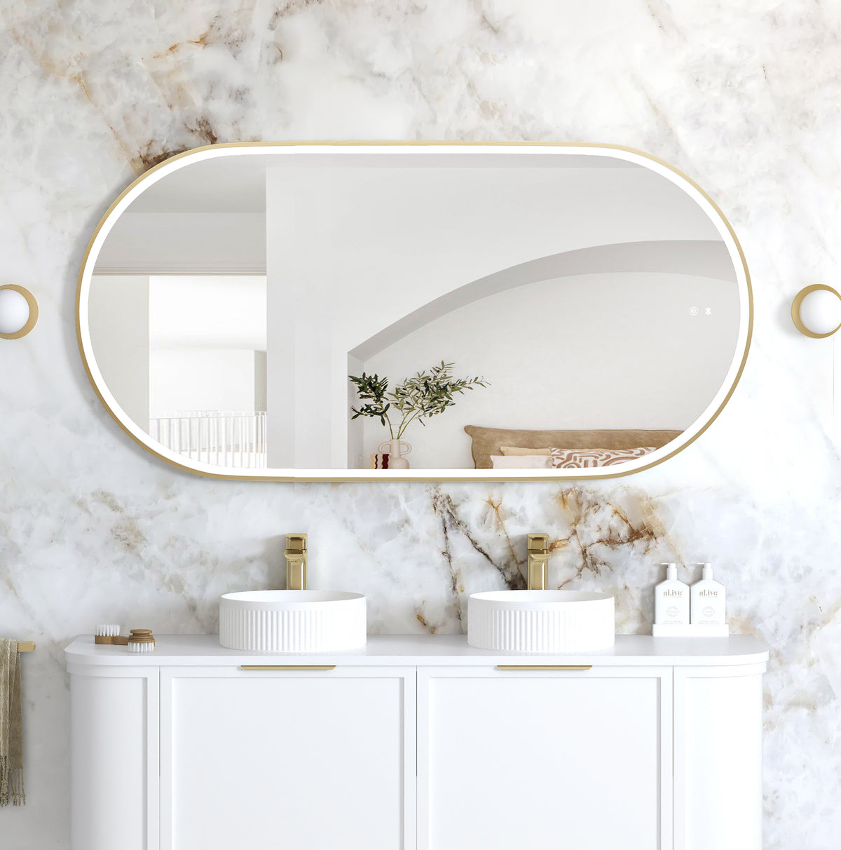 LED Noosa 1500(W)x750(H) Gold Metal Frame Tuffi Mirror- Install Horizontal or Vertical