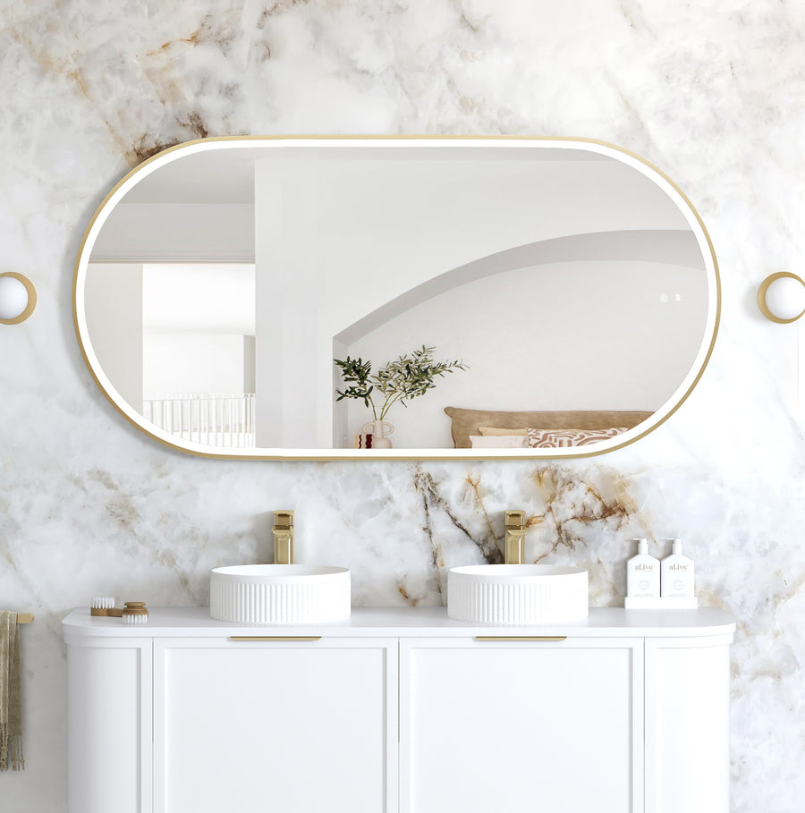 LED Noosa 1500(W)x750(H) Gold Metal Frame Tuffi Mirror- Install Horizontal or Vertical