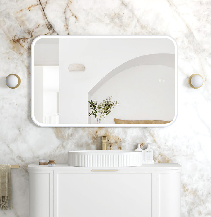 LED Newport 1200(W)x750(H) White Metal Frame Tuffi Mirror, Install Horizontal or Vertical main view