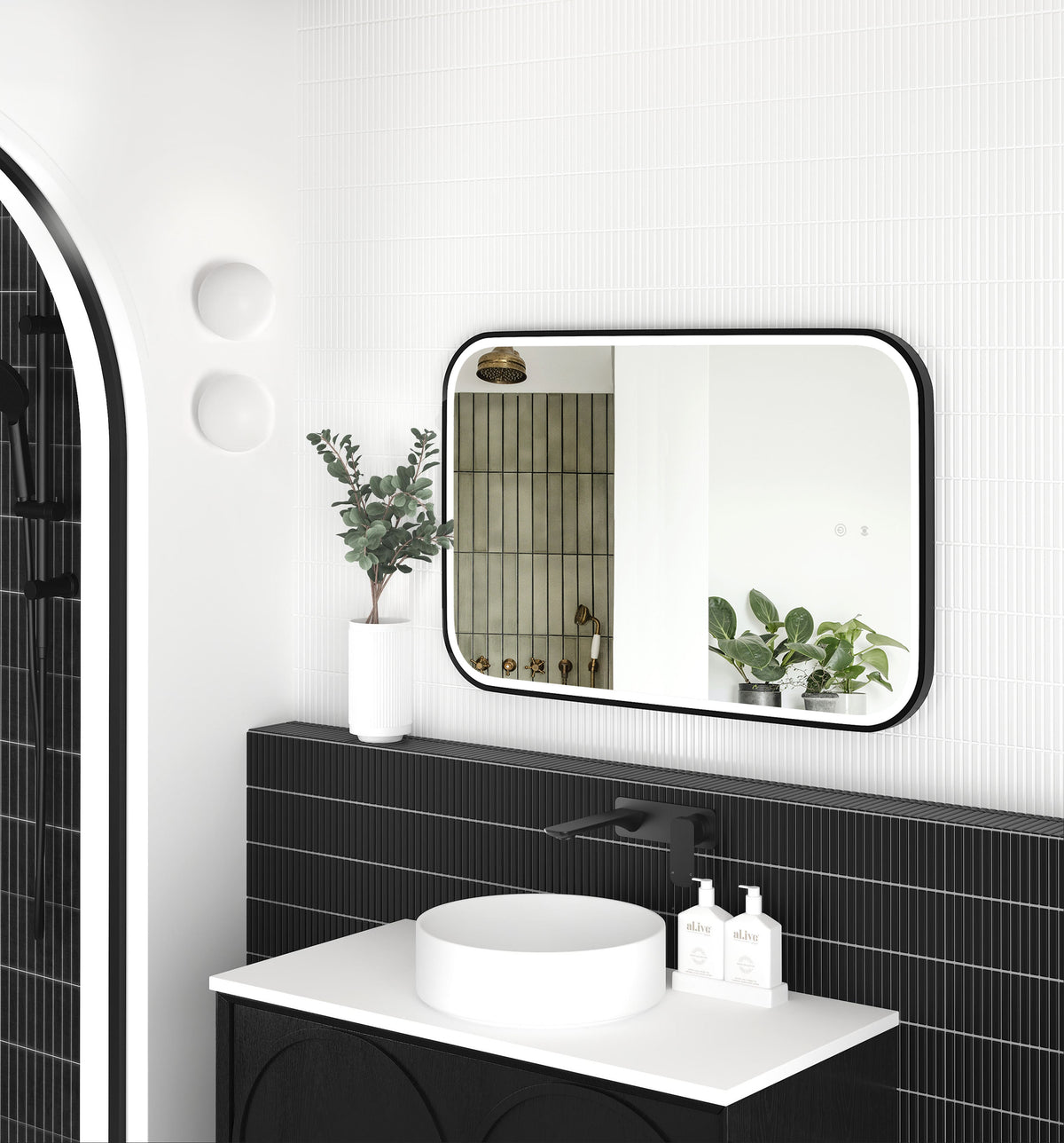 LED Newport 900(H)x600(W) Black Metal Frame Tuffi Mirror, Install Horizontal or Vertical view 2