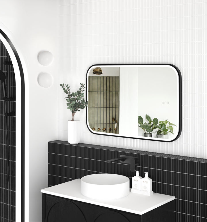 LED Newport 900(H)x600(W) Black Metal Frame Tuffi Mirror, Install Horizontal or Vertical view 2