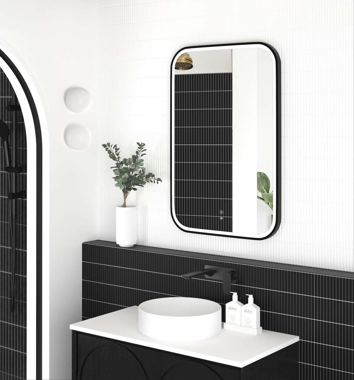 LED Newport 900(H)x600(W) Black Metal Frame Tuffi Mirror, Install Horizontal or Vertical view 4